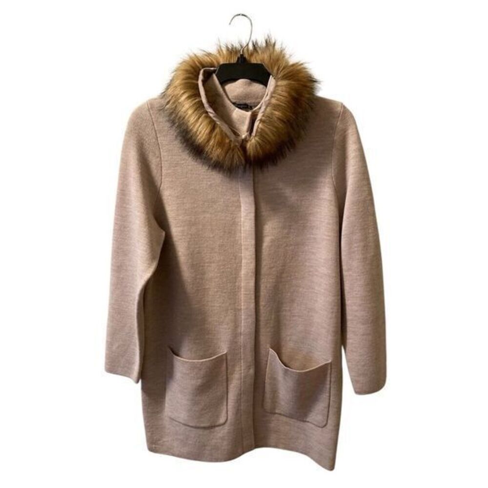 J McLaughlin Long Cardigan Veronique Fur Collar‎ Beige Sz XL Wool Blend NWT